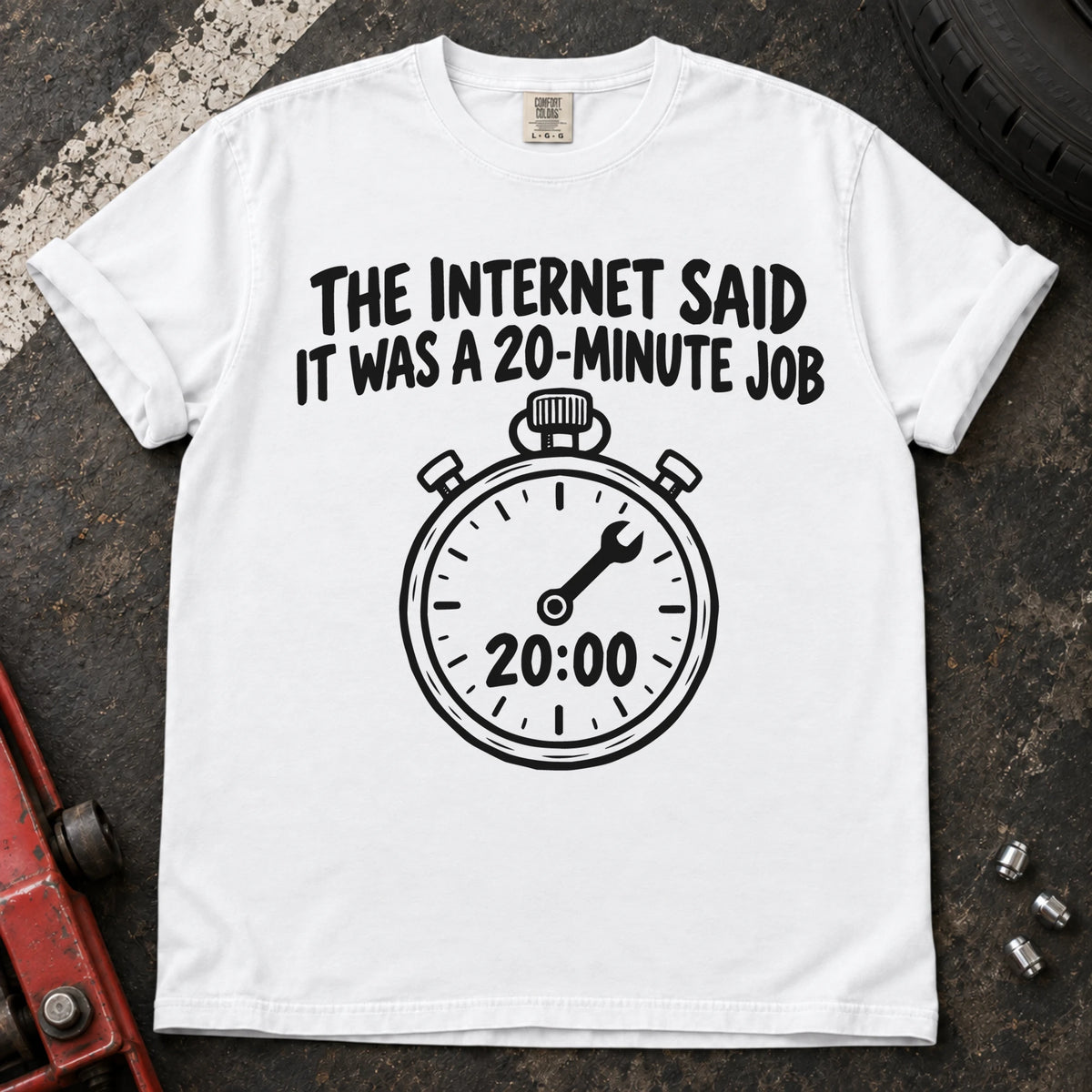 White T-shirt showing a 20:00 stopwatch below 'The internet said it was a 20-minute job'.