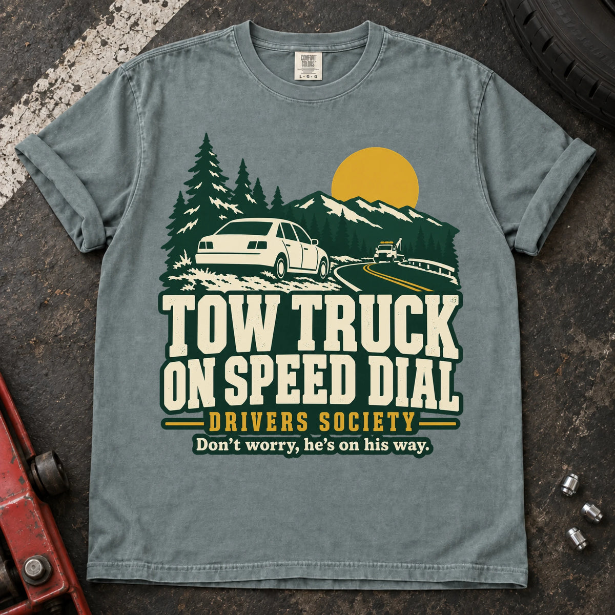 Bay car enthusiast T-shirt. A roadside car joins the Tow Truck on Speed Dial Drivers Society.