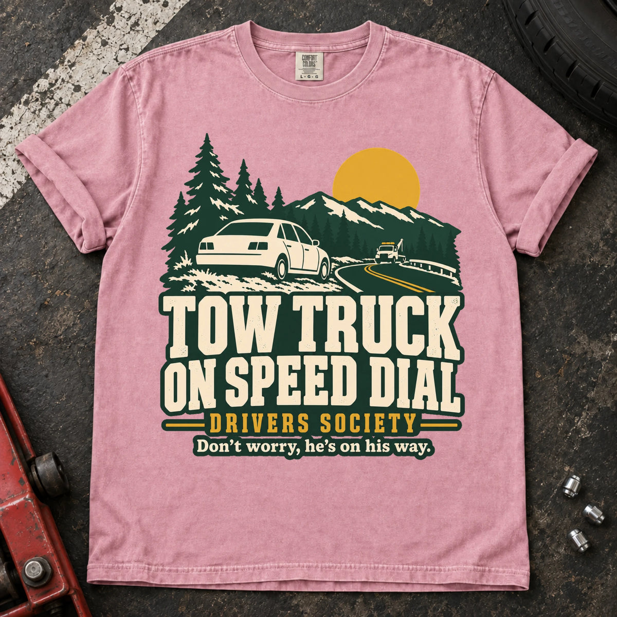 Blossom car enthusiast T-shirt. A roadside car joins the Tow Truck on Speed Dial Drivers Society.