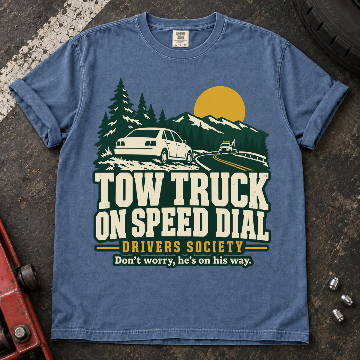 Blue Jean car enthusiast T-shirt. A roadside car joins the Tow Truck on Speed Dial Drivers Society.