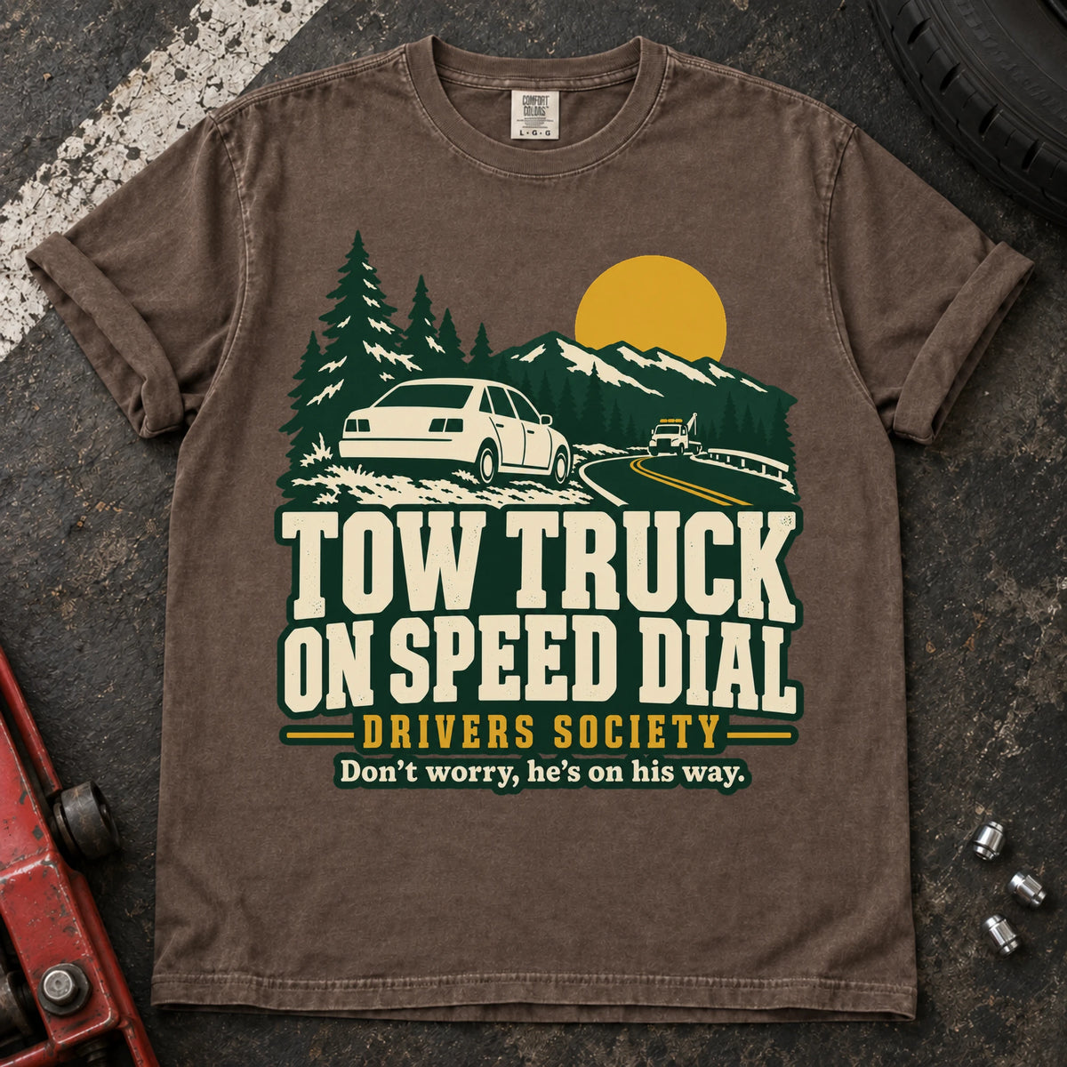 Espresso car enthusiast T-shirt. A roadside car joins the Tow Truck on Speed Dial Drivers Society.