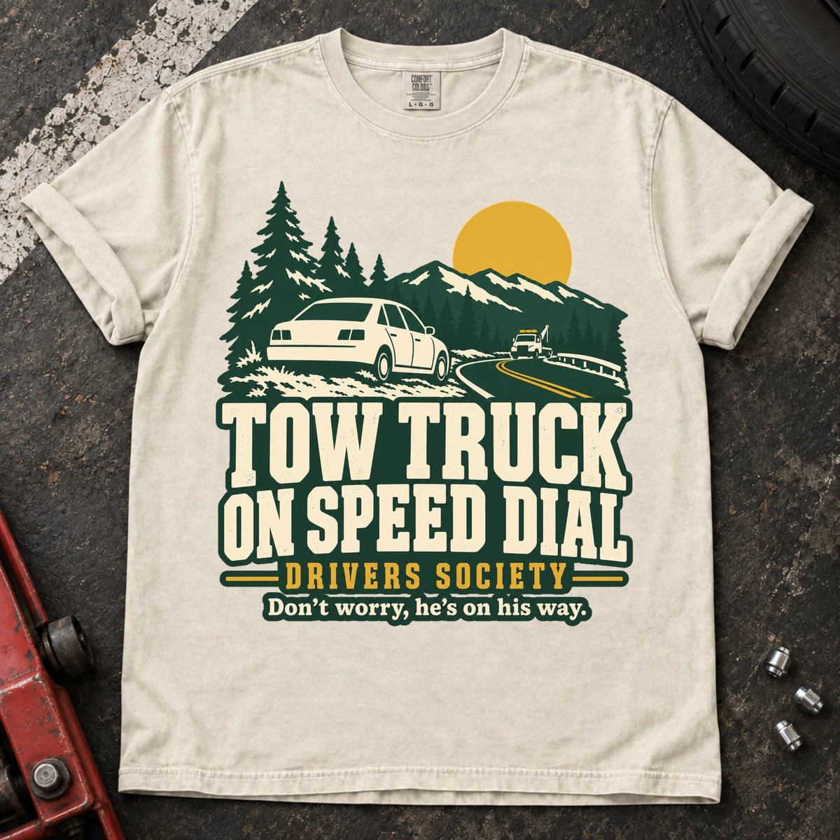 Ivory car enthusiast T-shirt. A roadside car joins the Tow Truck on Speed Dial Drivers Society.