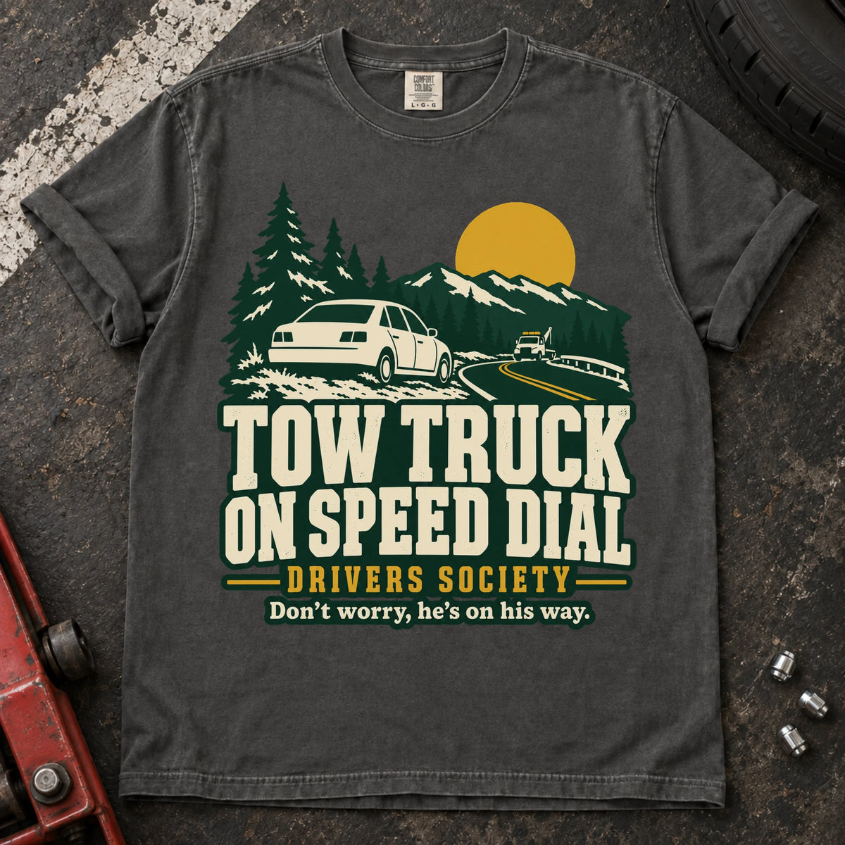 Pepper car enthusiast T-shirt. A roadside car joins the Tow Truck on Speed Dial Drivers Society.
