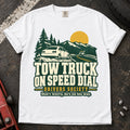 White car enthusiast T-shirt. A roadside car joins the Tow Truck on Speed Dial Drivers Society.