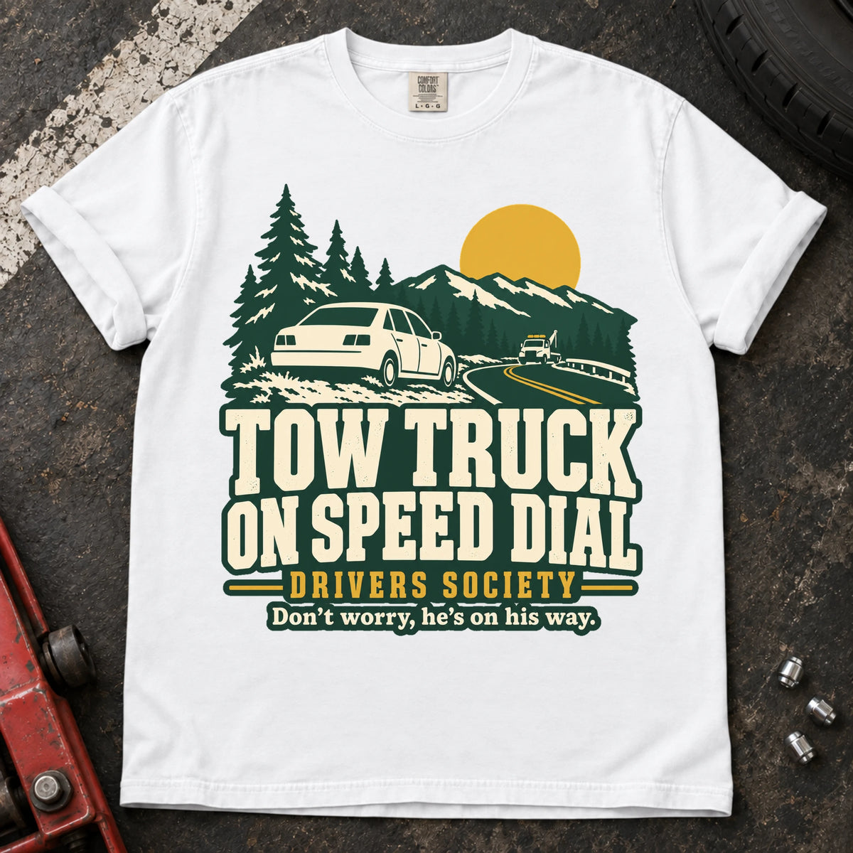 White car enthusiast T-shirt. A roadside car joins the Tow Truck on Speed Dial Drivers Society.