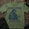 Military Green gaming T-shirt. A traveler studies a tiny reward that wasn't worth leaving the house.