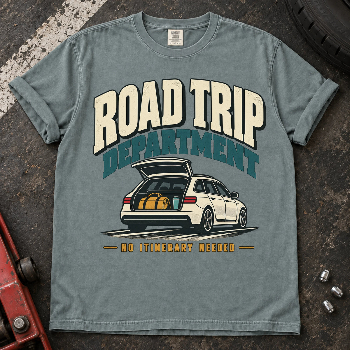 Bay car enthusiast T-shirt. A loaded wagon joins the Road Trip Department, no itinerary needed.