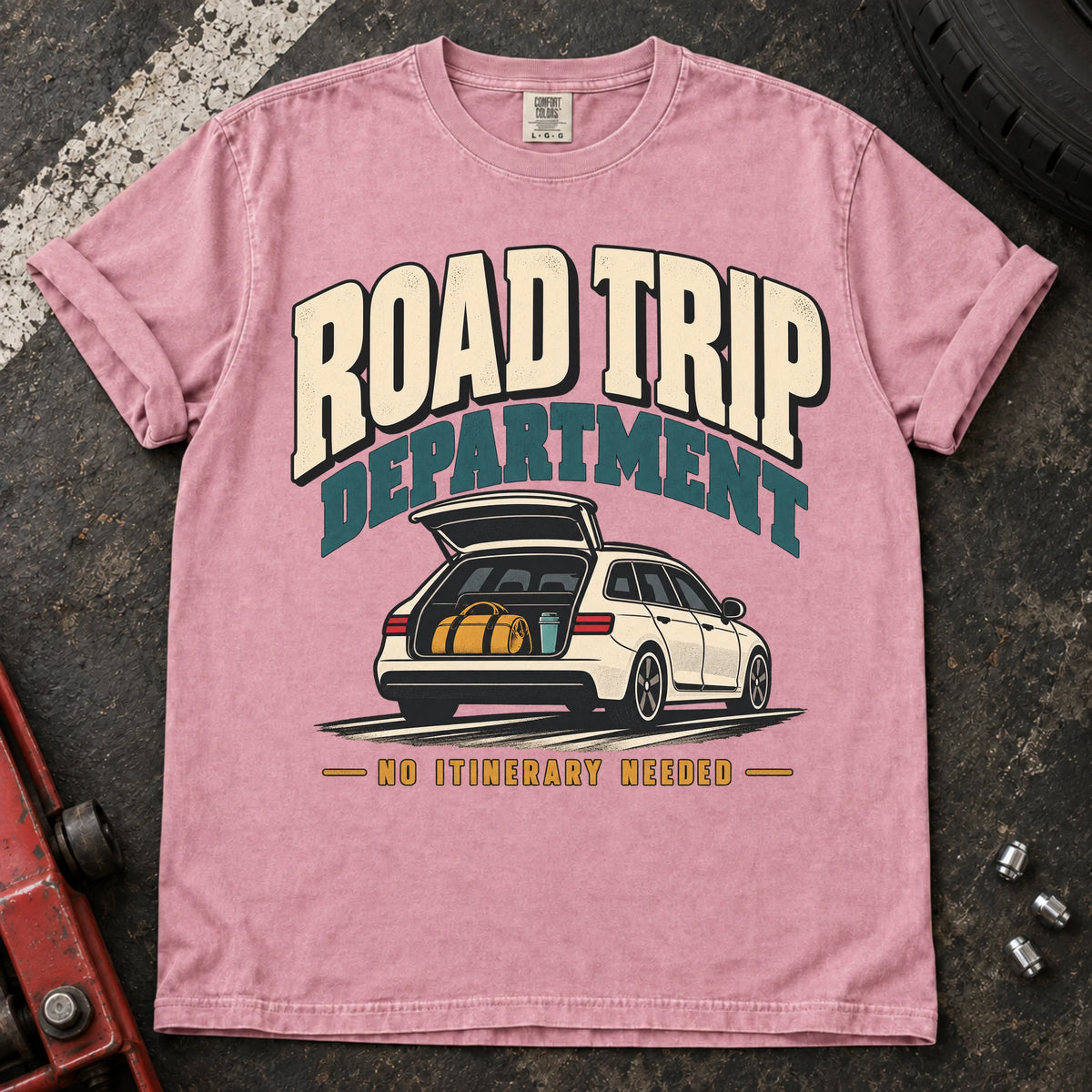 Blossom car enthusiast T-shirt. A loaded wagon joins the Road Trip Department, no itinerary needed.