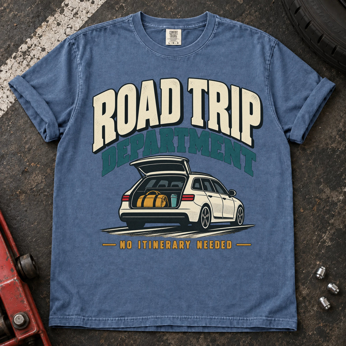 Blue Jean car enthusiast T-shirt. A loaded wagon joins the Road Trip Department, no itinerary needed.