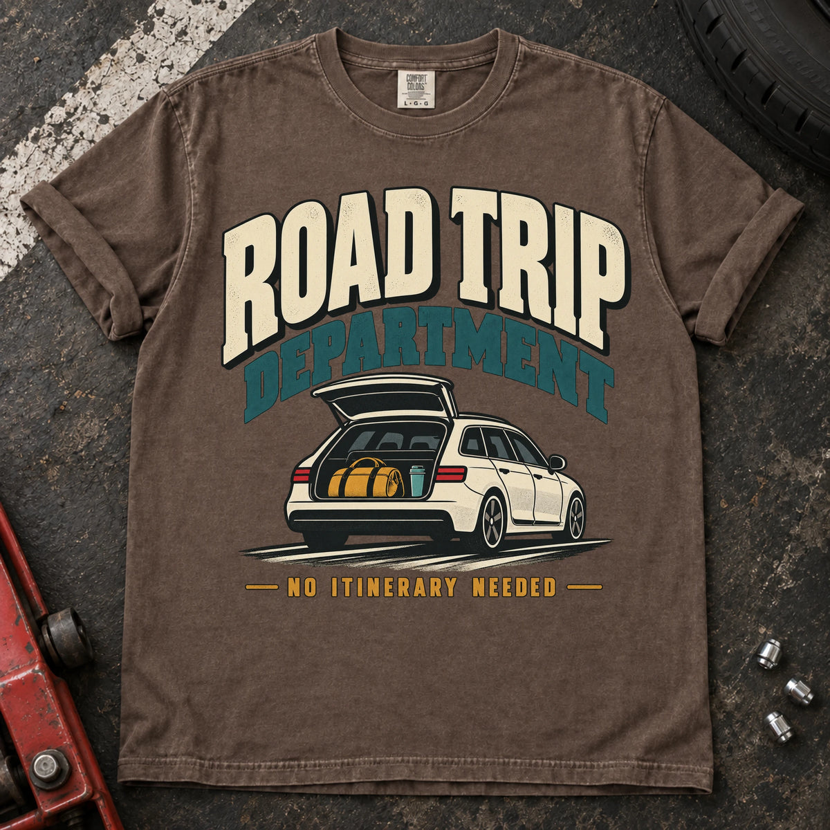 Espresso car enthusiast T-shirt. A loaded wagon joins the Road Trip Department, no itinerary needed.