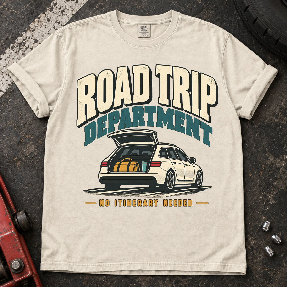 Ivory car enthusiast T-shirt. A loaded wagon joins the Road Trip Department, no itinerary needed.