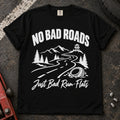 Black car enthusiast T-shirt. A mountain road and failed tire explain no bad roads, just bad run-flats.