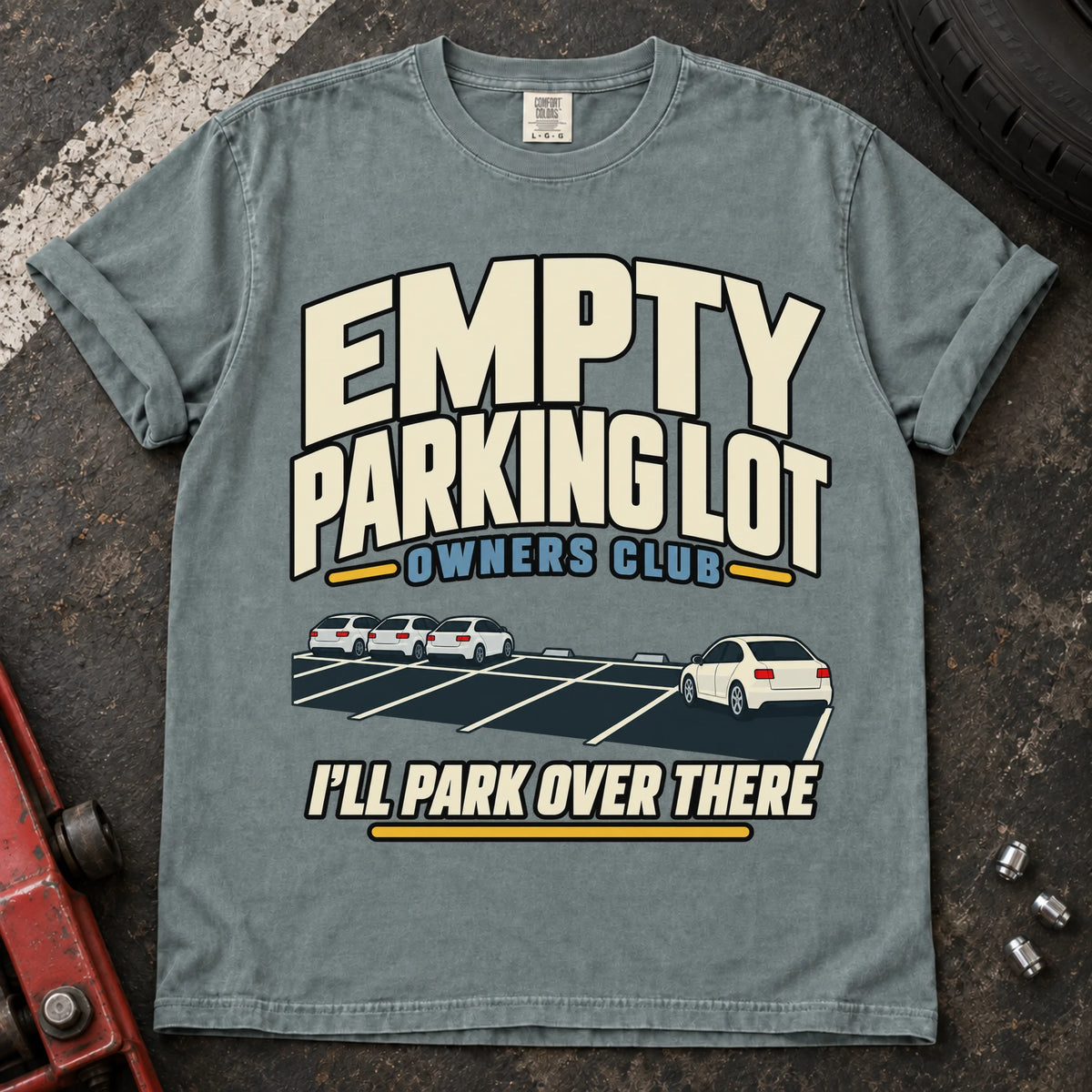 Bay car enthusiast T-shirt. A distant car joins the Empty Parking Lot Owners Club, I'll park over there.