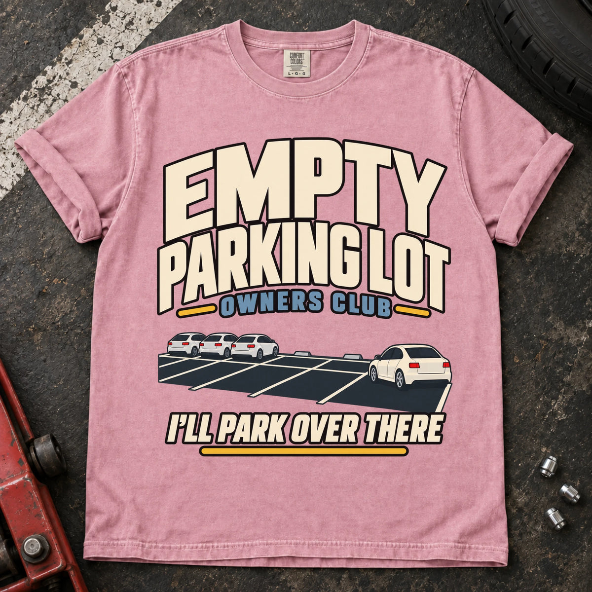 Blossom car enthusiast T-shirt. A distant car joins the Empty Parking Lot Owners Club, I'll park over there.