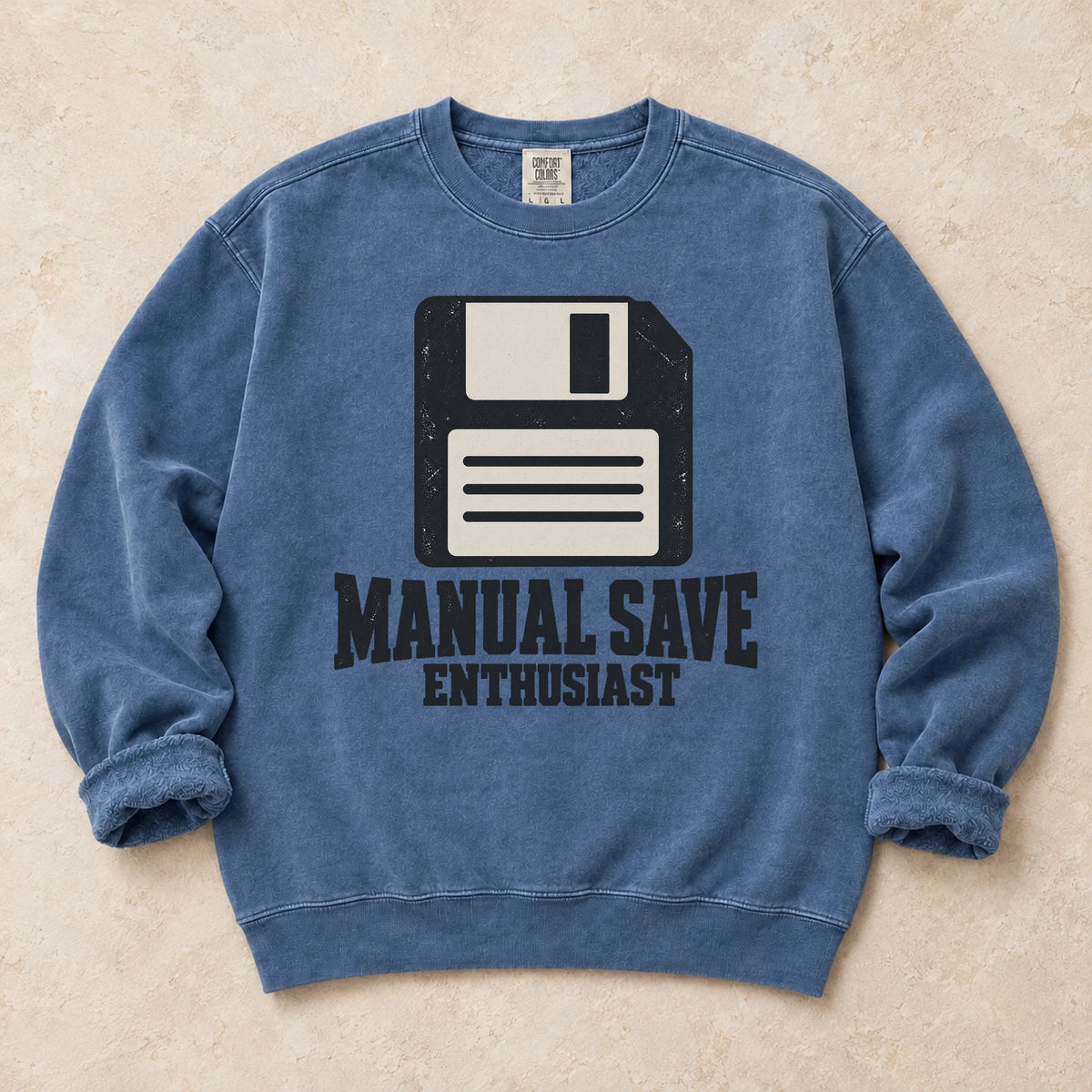 Blue Jean gaming sweatshirt. A floppy disk celebrates the manual save enthusiast.