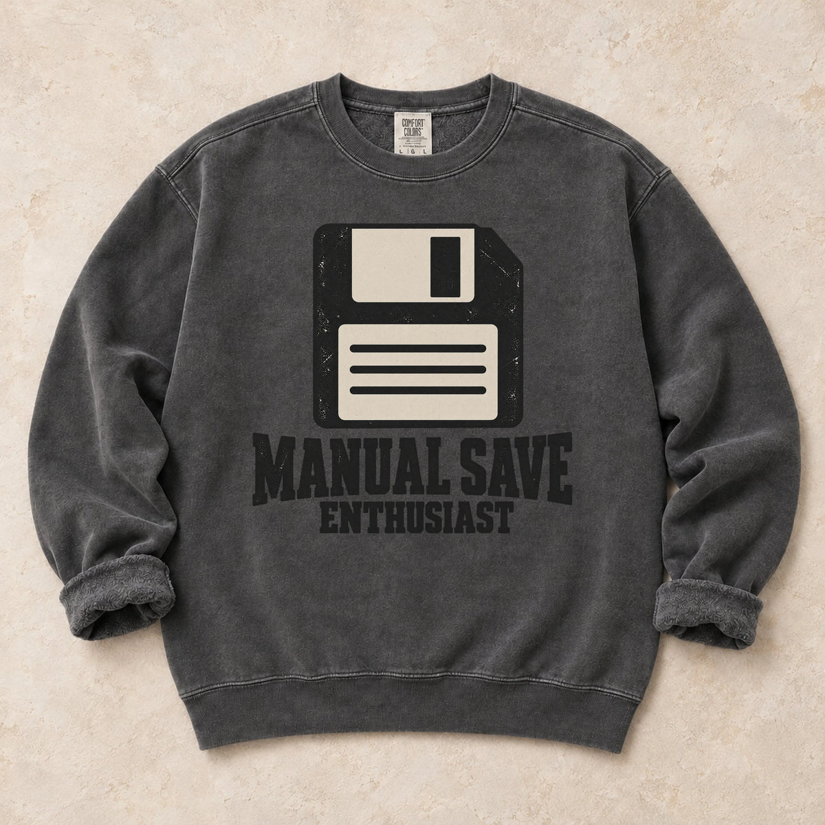 Pepper gaming sweatshirt. A floppy disk celebrates the manual save enthusiast.