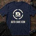 Navy gaming T-shirt. A circular save symbol marks the familiar autosave moment.
