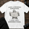 White gaming T-shirt. A knight studies a map, unable to remember where the checkpoint is.