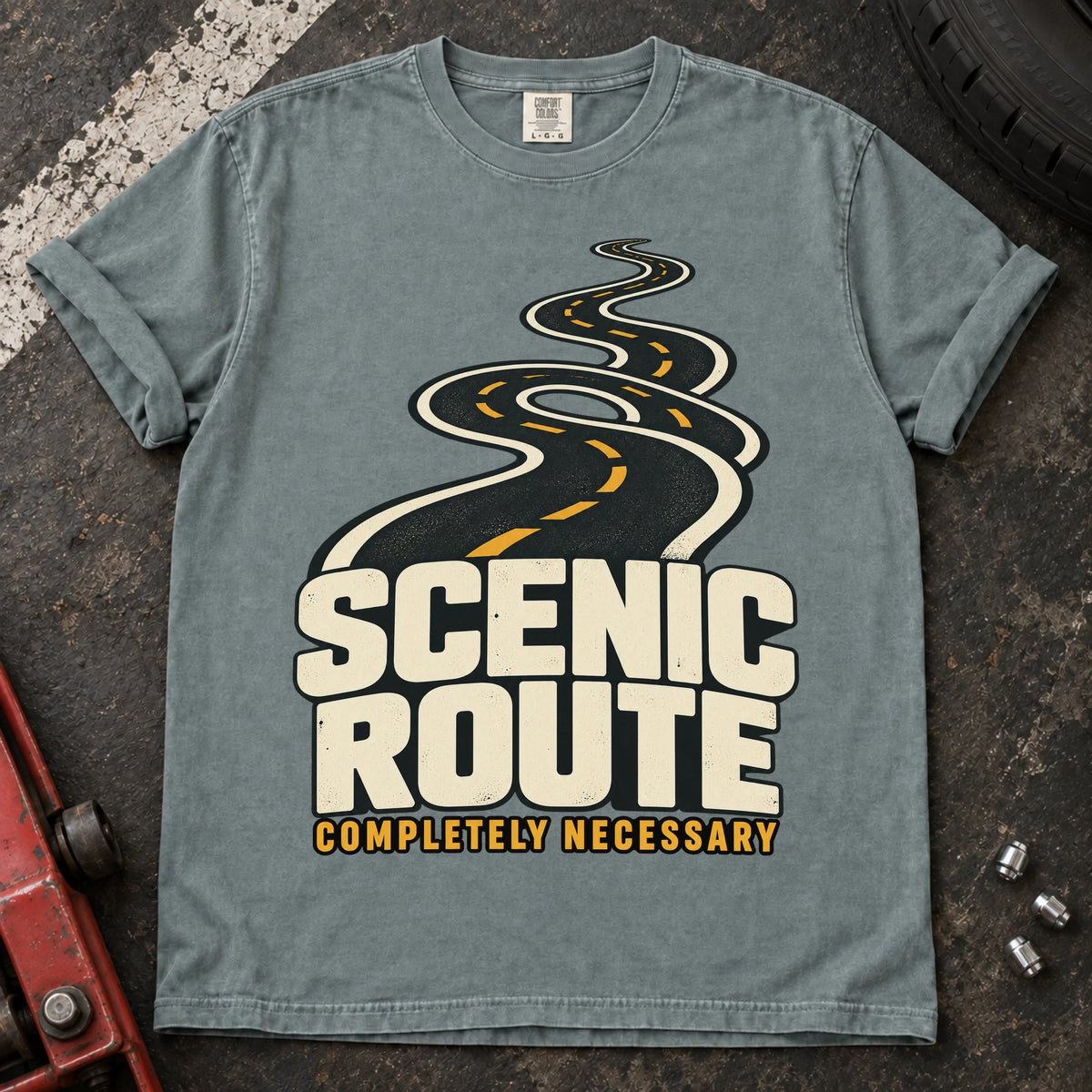 Bay car enthusiast T-shirt. A winding road insists the scenic route is completely necessary.