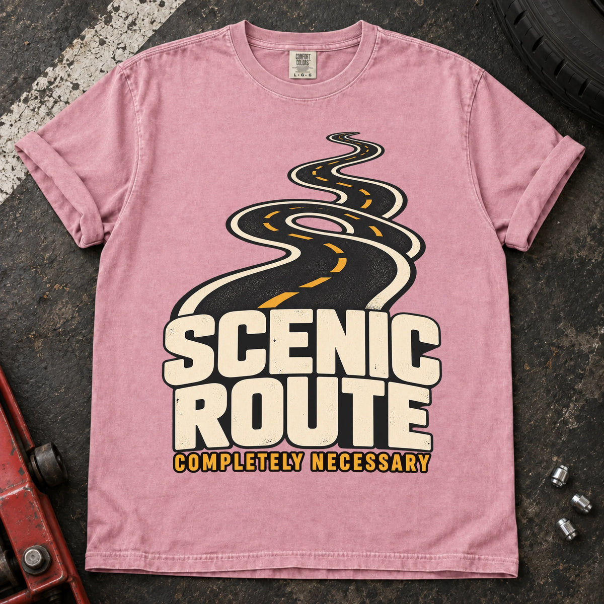Blossom car enthusiast T-shirt. A winding road insists the scenic route is completely necessary.
