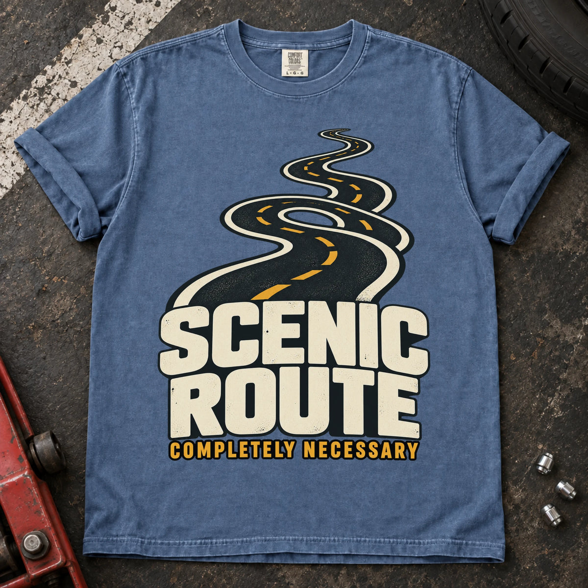 Blue Jean car enthusiast T-shirt. A winding road insists the scenic route is completely necessary.