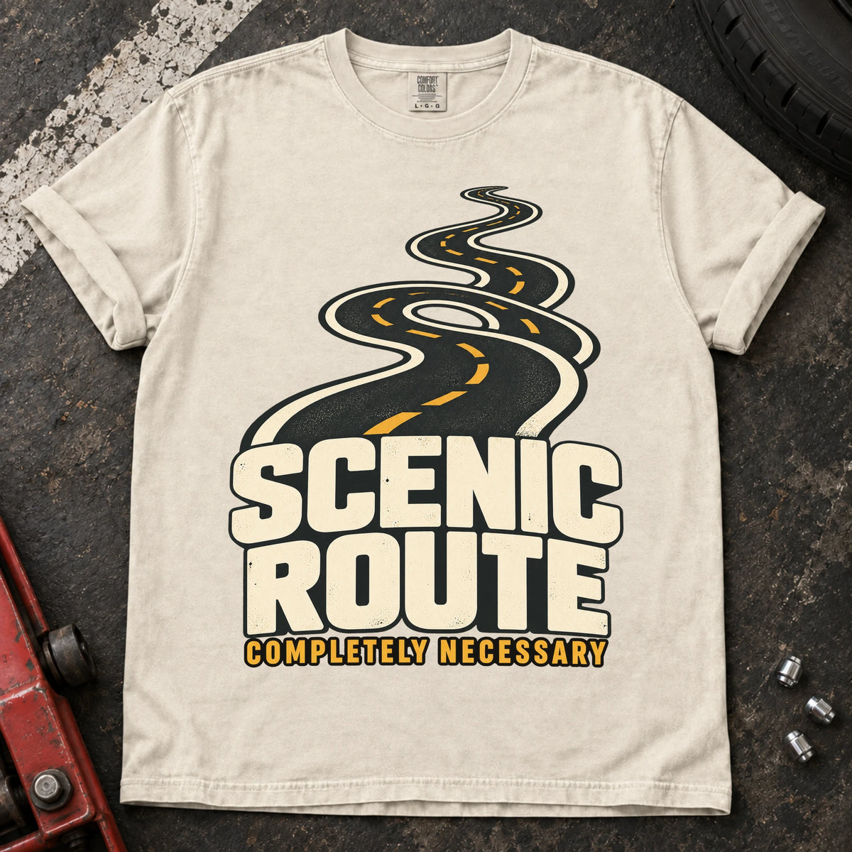 Ivory car enthusiast T-shirt. A winding road insists the scenic route is completely necessary.
