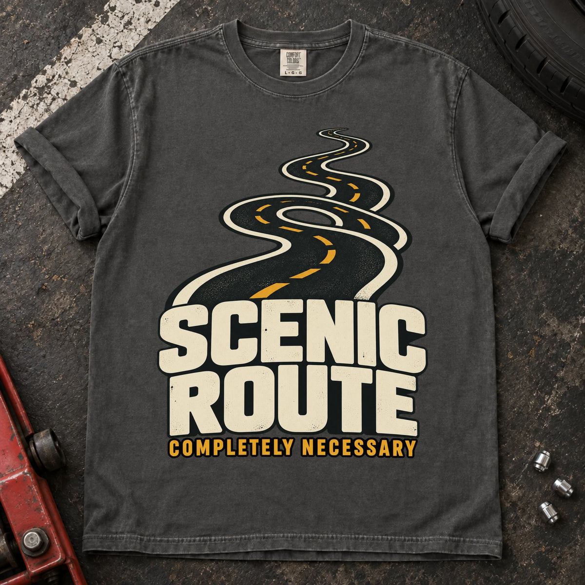 Pepper car enthusiast T-shirt. A winding road insists the scenic route is completely necessary.