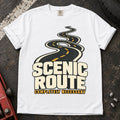 White car enthusiast T-shirt. A winding road insists the scenic route is completely necessary.