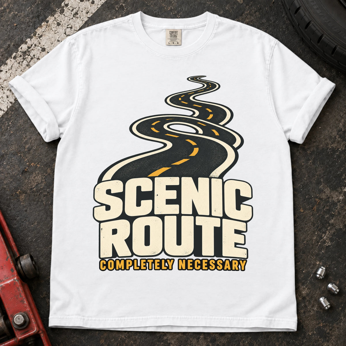 White car enthusiast T-shirt. A winding road insists the scenic route is completely necessary.