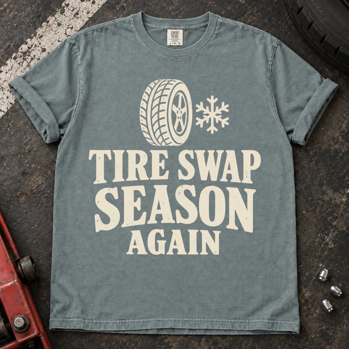 Bay car enthusiast T-shirt. A wheel and snowflake mark tire-swap season, again.