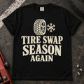Black car enthusiast T-shirt. A wheel and snowflake mark tire-swap season, again.