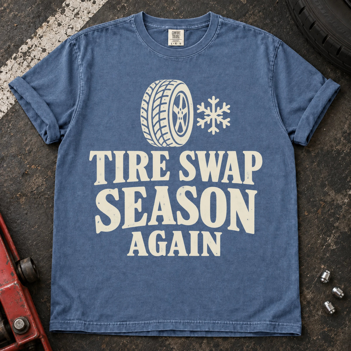 Blue Jean car enthusiast T-shirt. A wheel and snowflake mark tire-swap season, again.