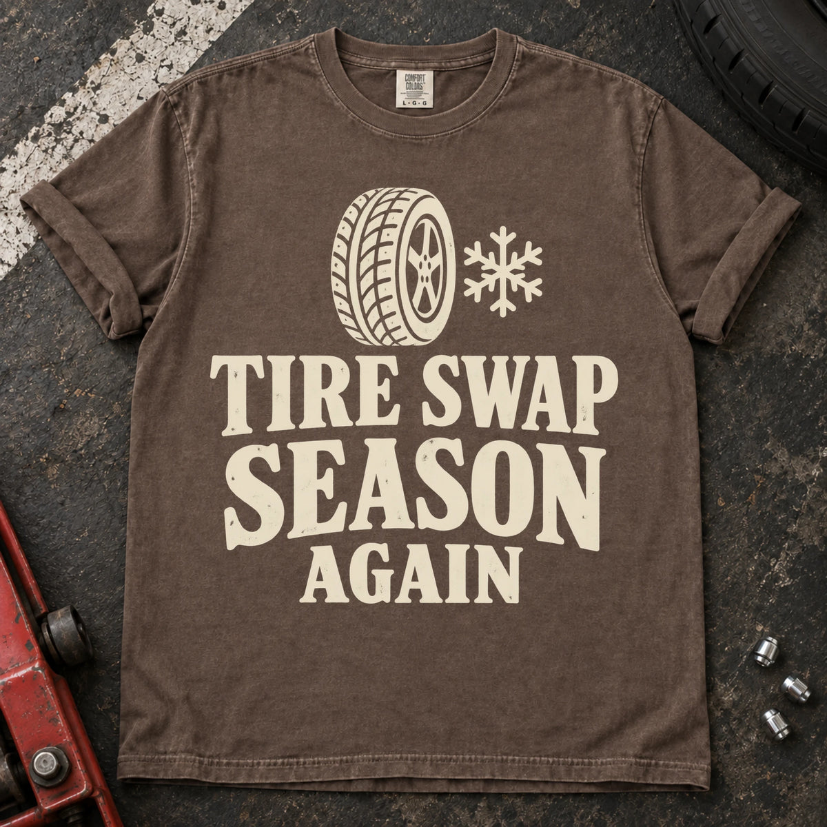 Espresso car enthusiast T-shirt. A wheel and snowflake mark tire-swap season, again.