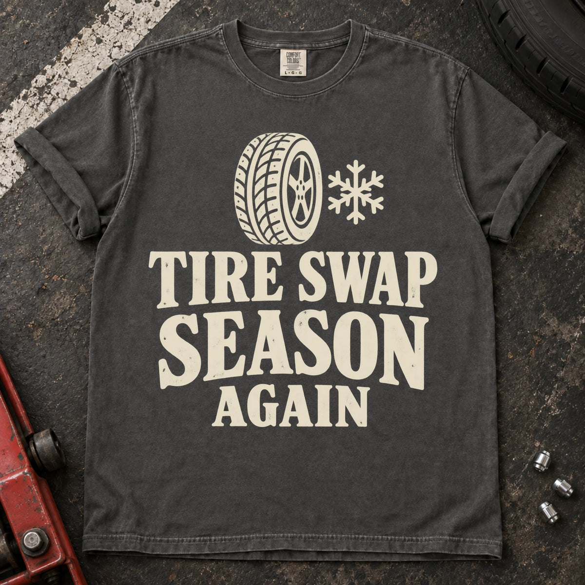 Pepper car enthusiast T-shirt. A wheel and snowflake mark tire-swap season, again.