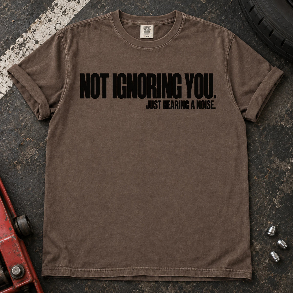 Espresso car enthusiast T-shirt. Not ignoring you, just hearing a noise: understated car-owner typography.