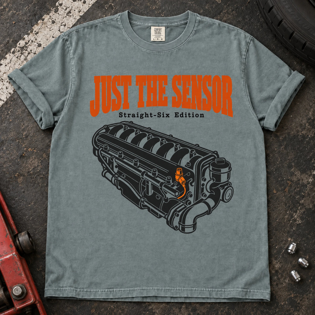 Bay car enthusiast T-shirt. An inline-six engine illustrates just the sensor, straight-six edition.