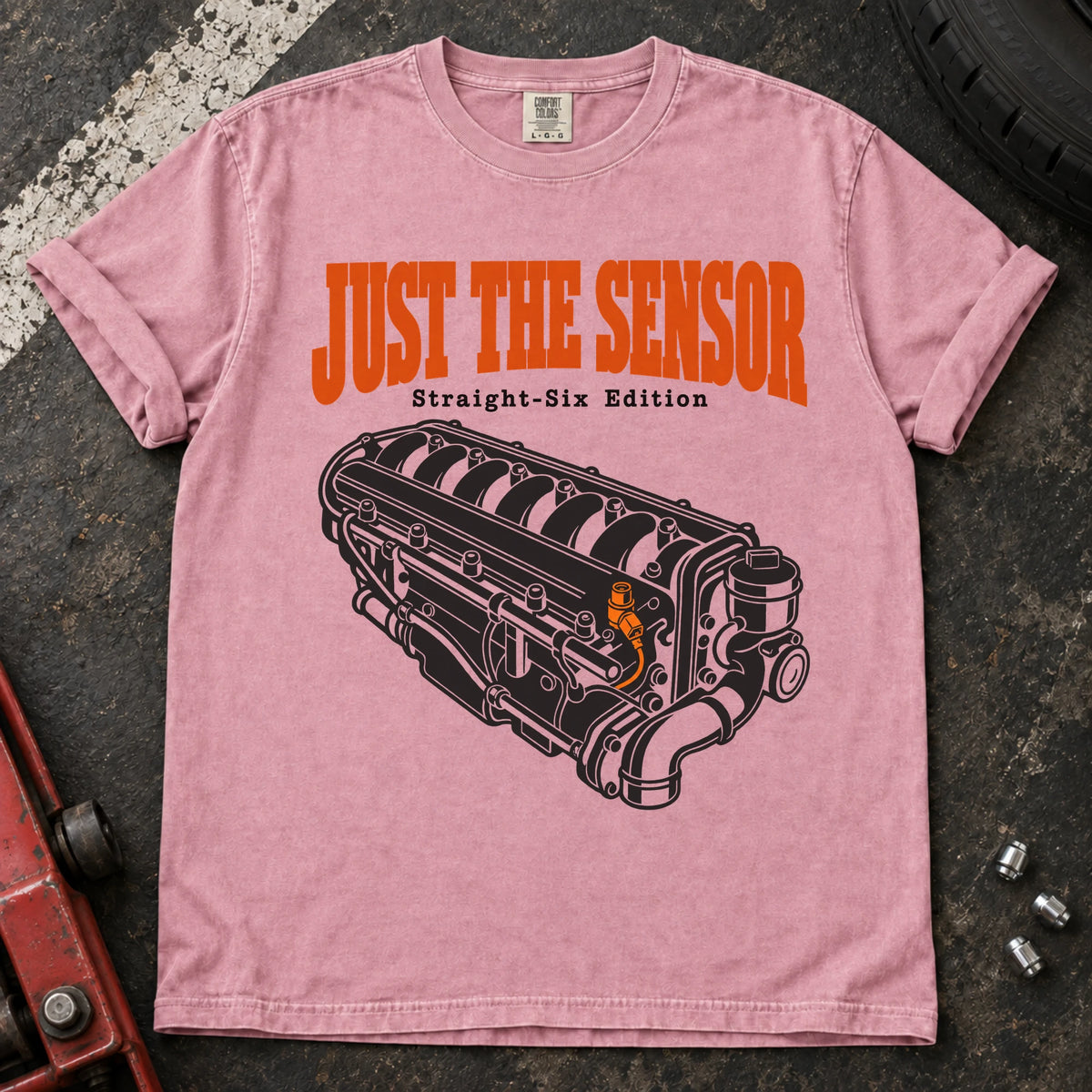 Blossom car enthusiast T-shirt. An inline-six engine illustrates just the sensor, straight-six edition.
