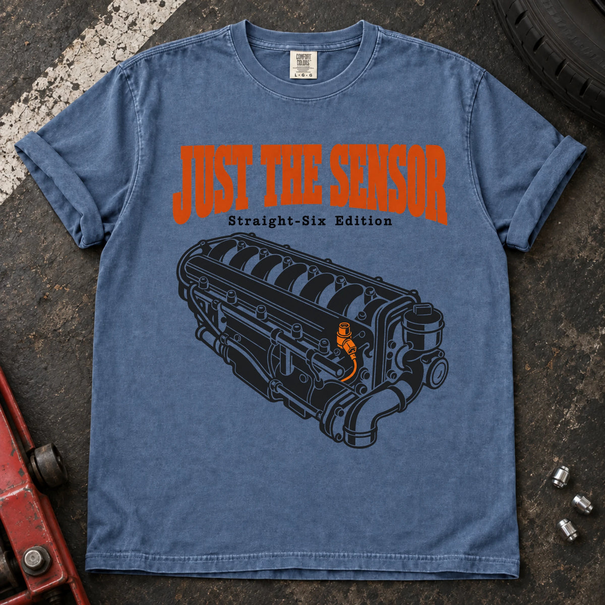 Blue Jean car enthusiast T-shirt. An inline-six engine illustrates just the sensor, straight-six edition.