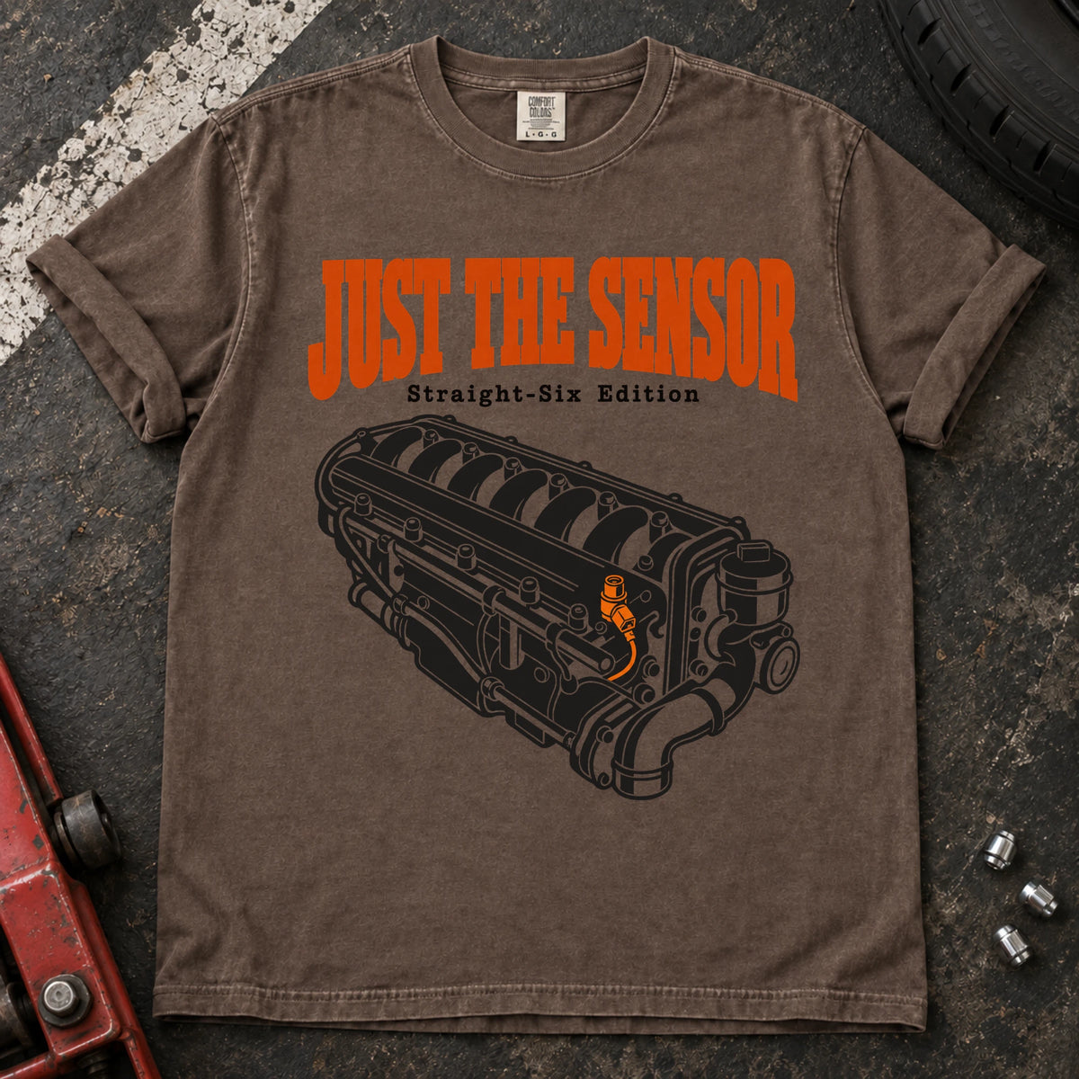 Espresso car enthusiast T-shirt. An inline-six engine illustrates just the sensor, straight-six edition.