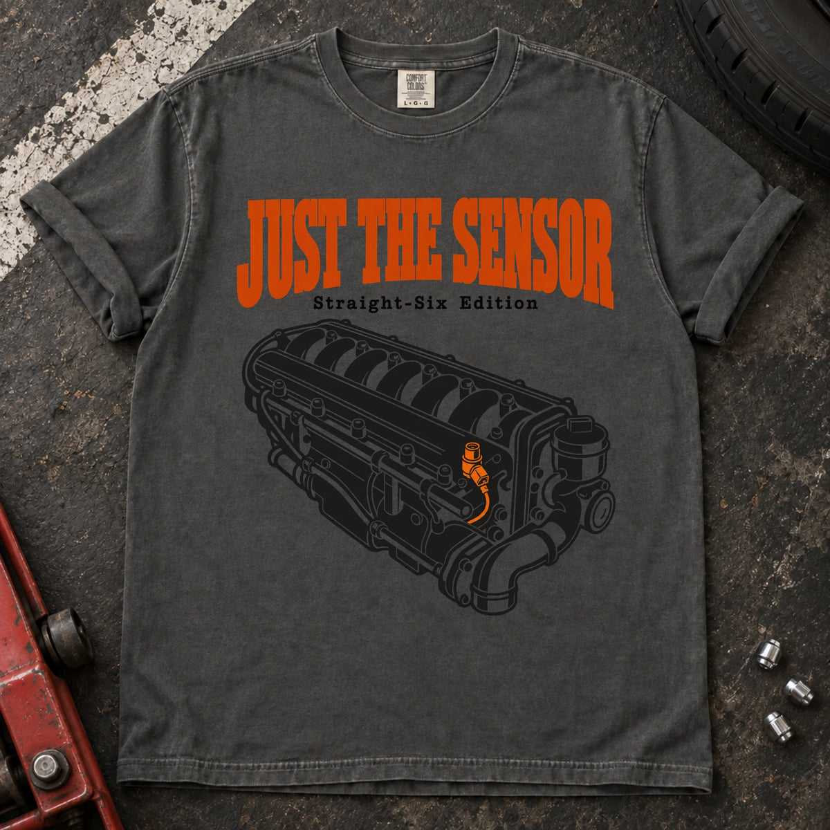 Pepper car enthusiast T-shirt. An inline-six engine illustrates just the sensor, straight-six edition.