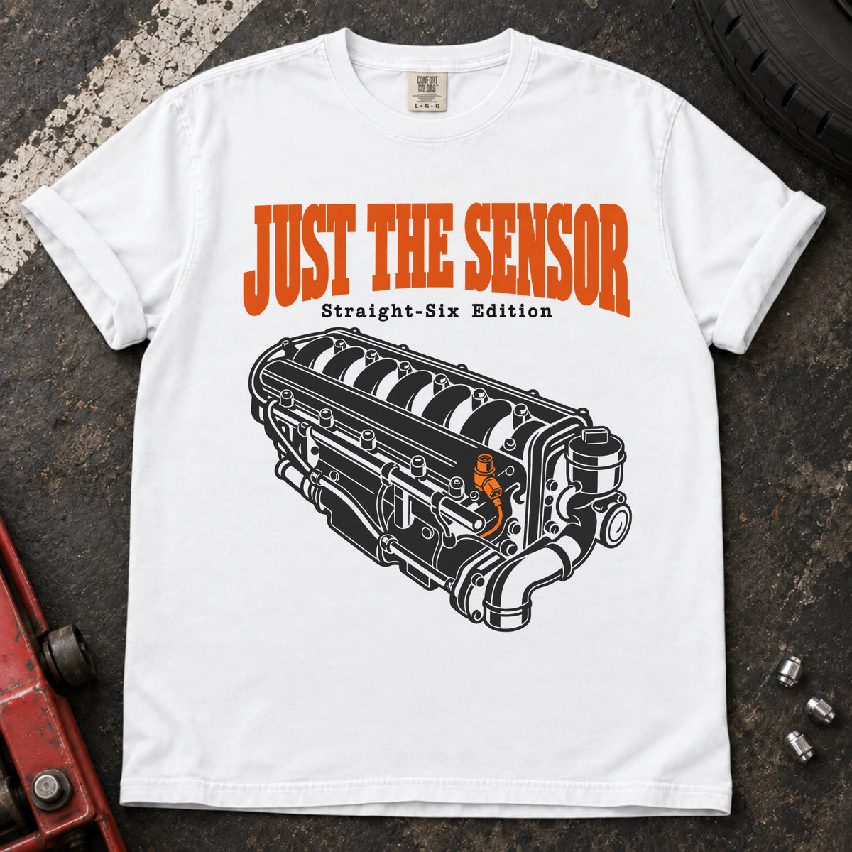 White car enthusiast T-shirt. An inline-six engine illustrates just the sensor, straight-six edition.