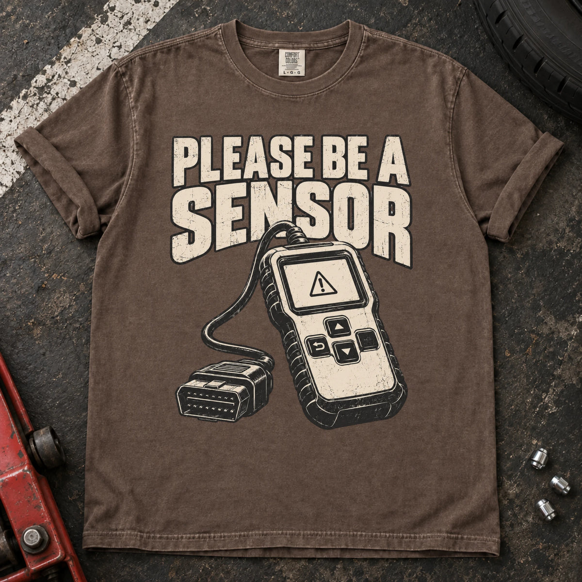 Espresso car enthusiast T-shirt. A fault scanner accompanies the plea, please be a sensor.