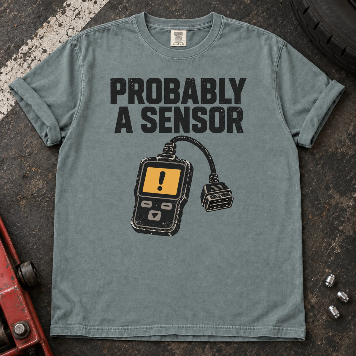 Bay car enthusiast T-shirt. A diagnostic scanner backs the hopeful diagnosis, probably a sensor.