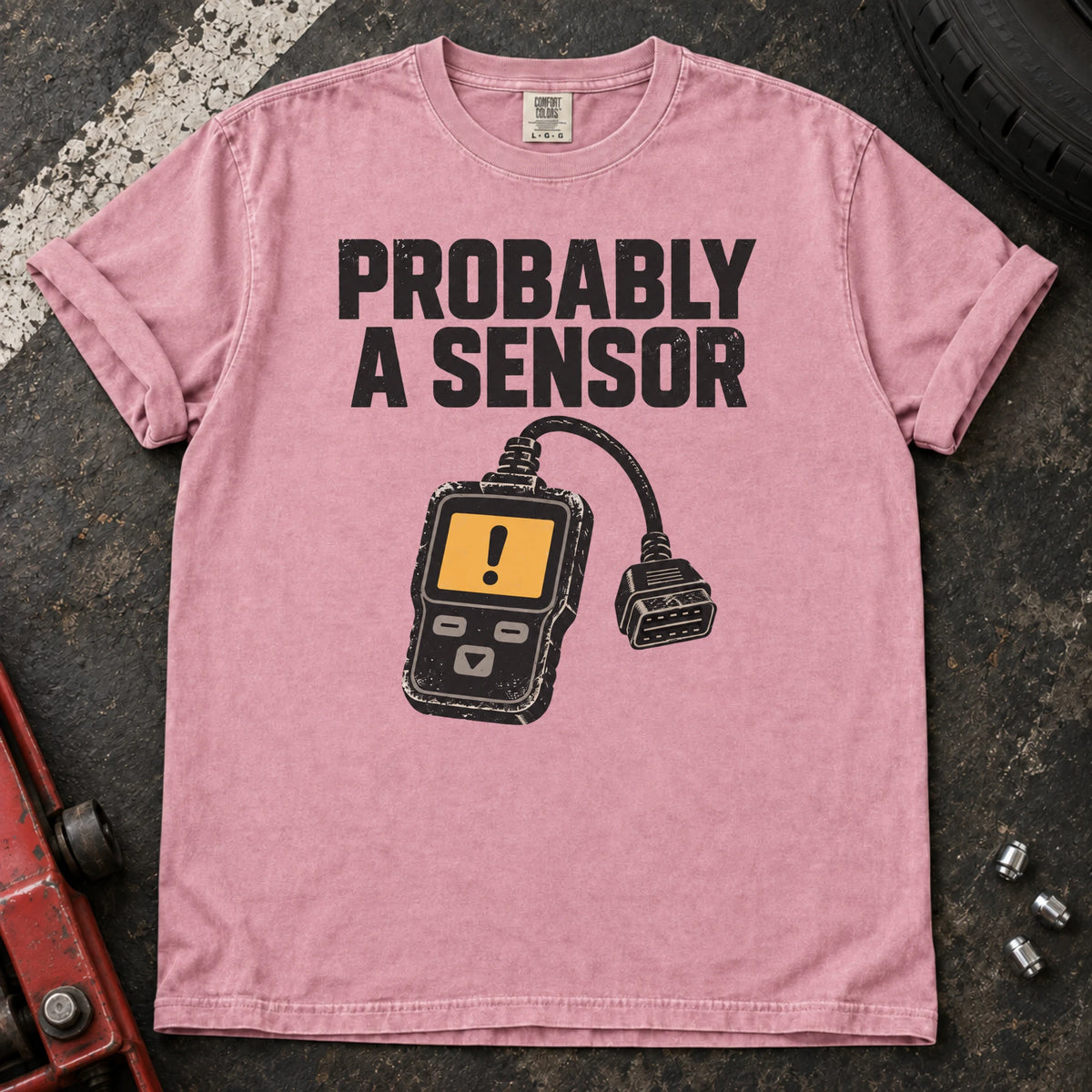 Blossom car enthusiast T-shirt. A diagnostic scanner backs the hopeful diagnosis, probably a sensor.