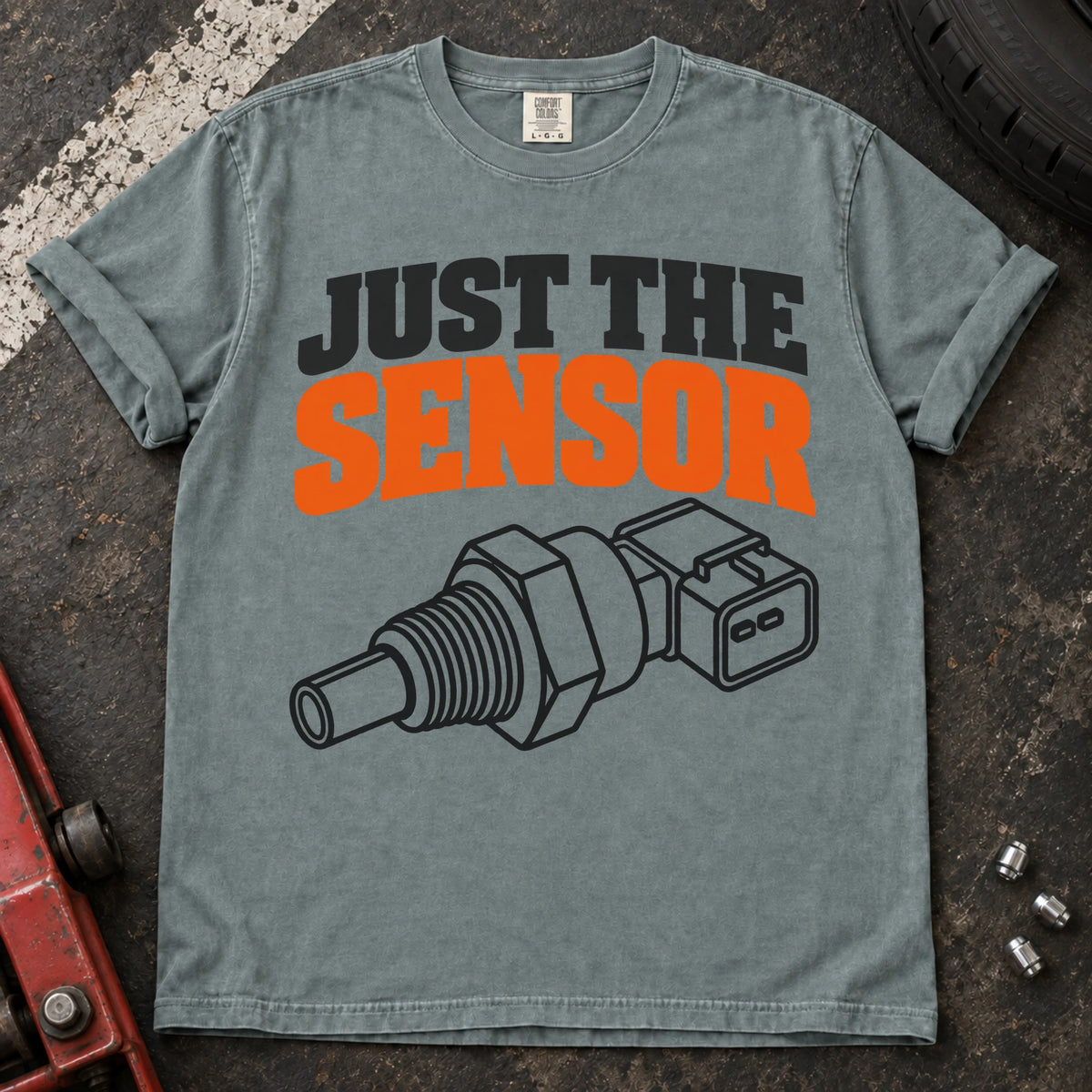 Bay T-shirt with a mechanical sensor illustration and bold 'Just the sensor' lettering.