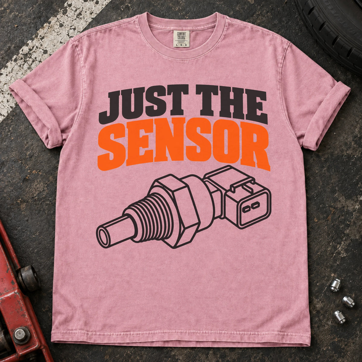 Blossom T-shirt with a mechanical sensor illustration and bold 'Just the sensor' lettering.