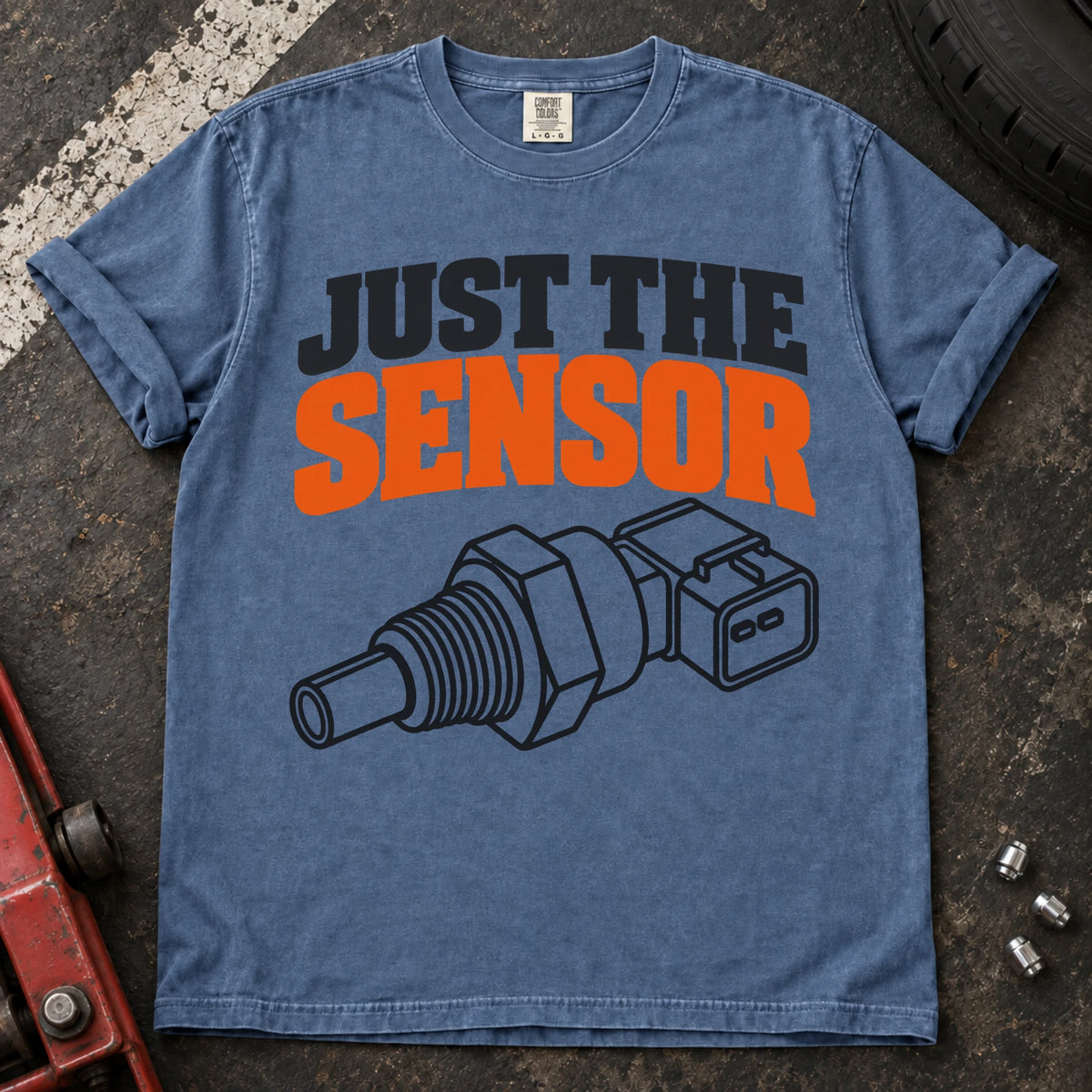 Blue Jean T-shirt with a mechanical sensor illustration and bold 'Just the sensor' lettering.