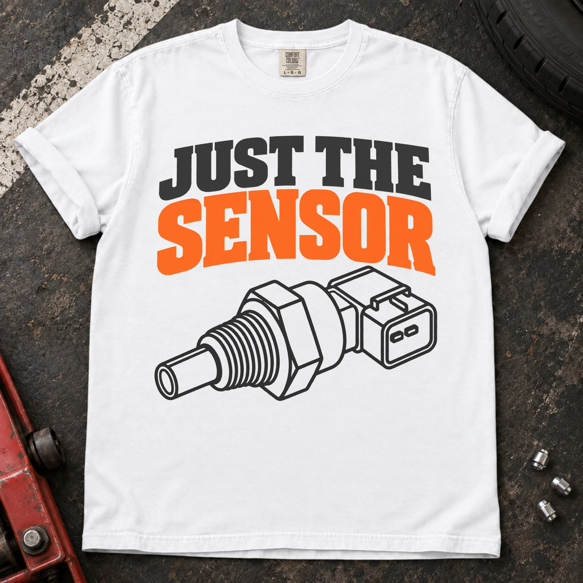 White T-shirt with a mechanical sensor illustration and bold 'Just the sensor' lettering.
