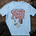Light Blue gaming T-shirt. A skull and endless ticket queue reveal customer service is worse than undead.