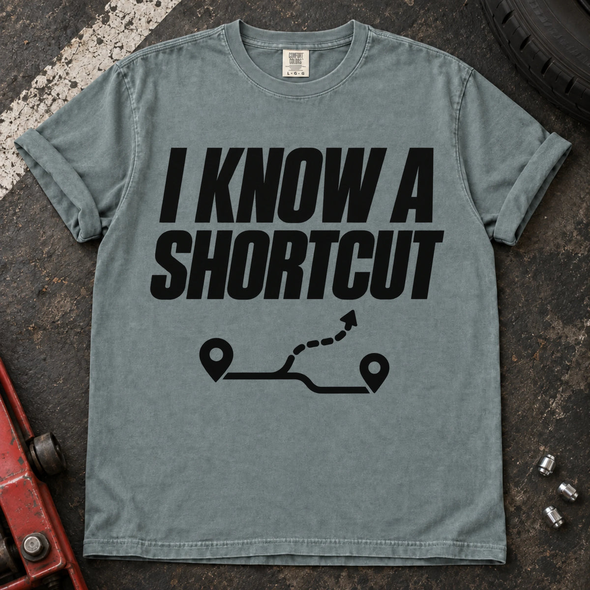 Bay car enthusiast T-shirt. A branching route follows the confident claim, I know a shortcut.